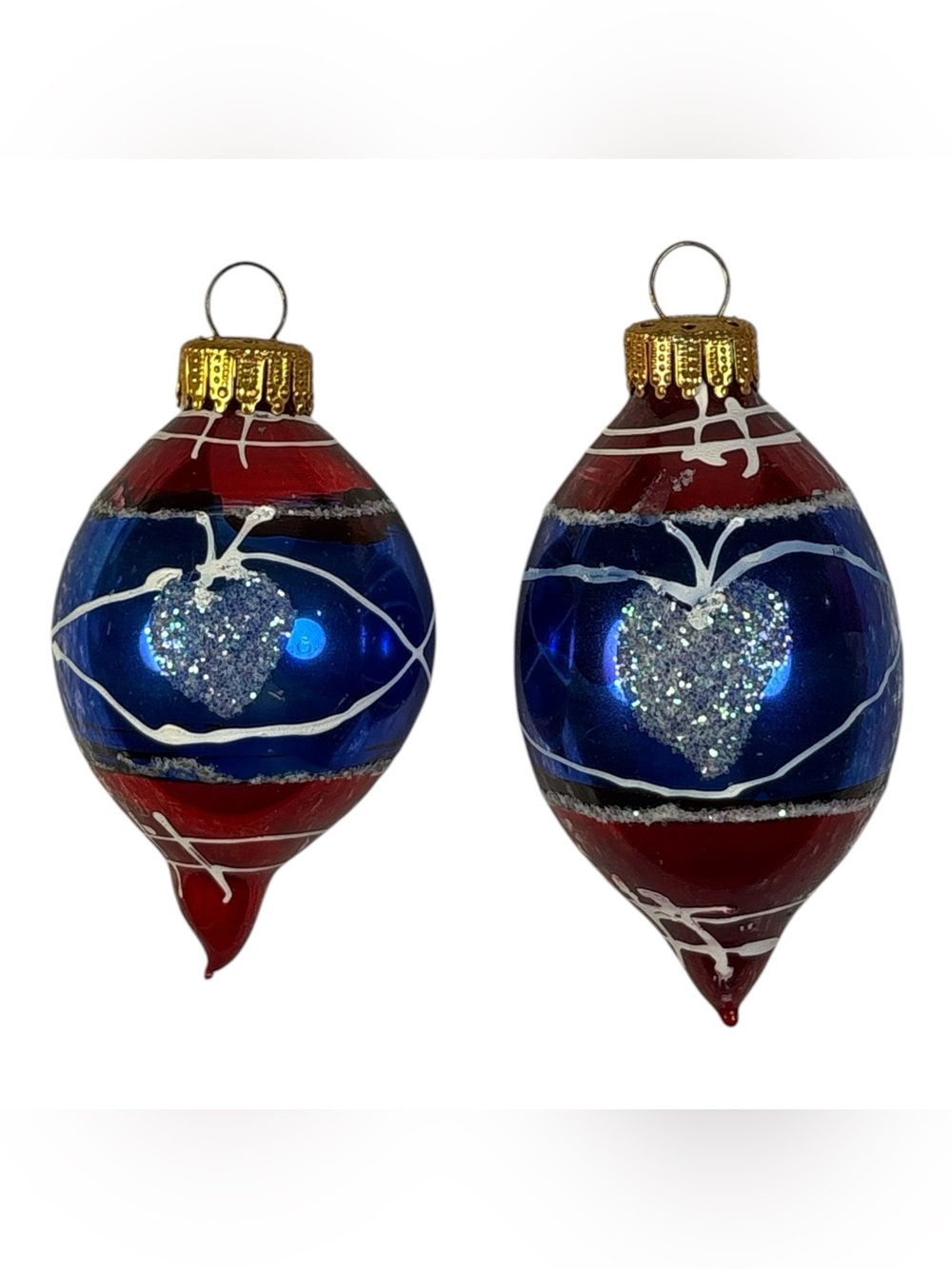 2 Vintage-Style Red & Blue Glass Teardrop Christmas Ornaments w/ Glitter Hearts